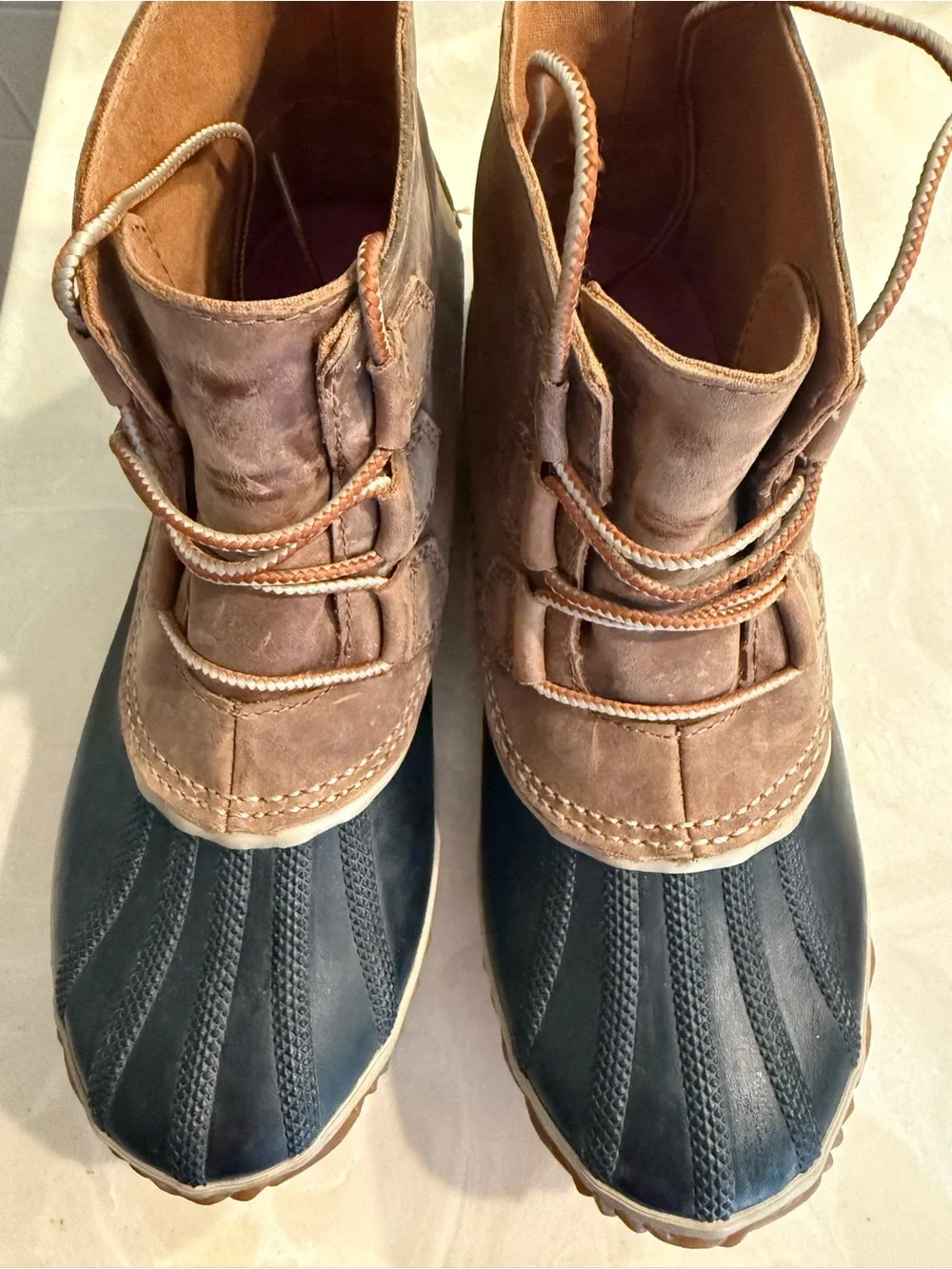 Sorel Two-Tone Brown Leather and Black Rubber Duck Boots